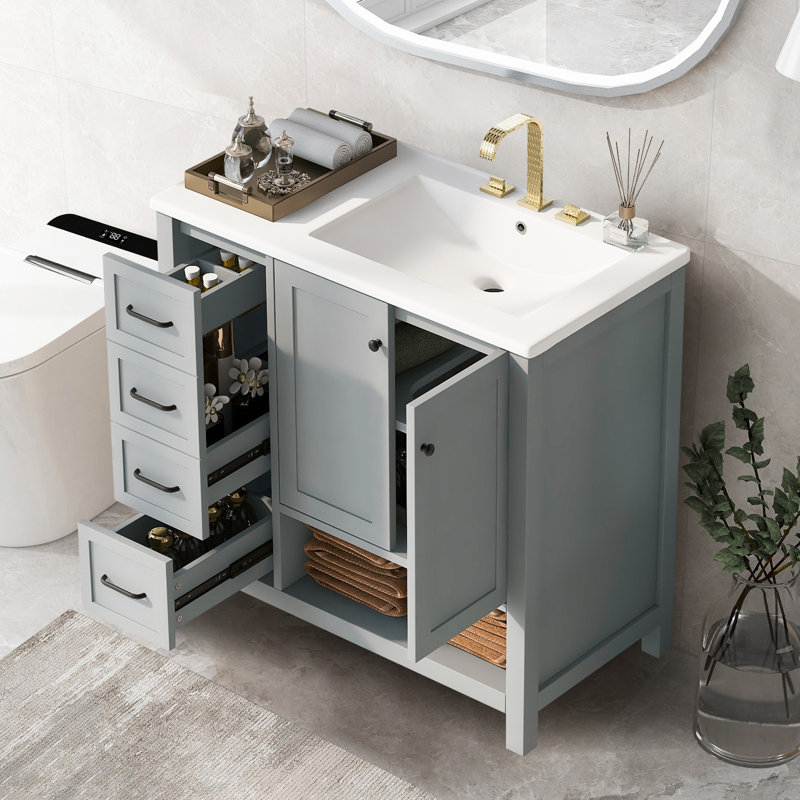 Meuble-lavabo 36 po avec comptoir d'évier, bois massif, planches en MDF, Gris