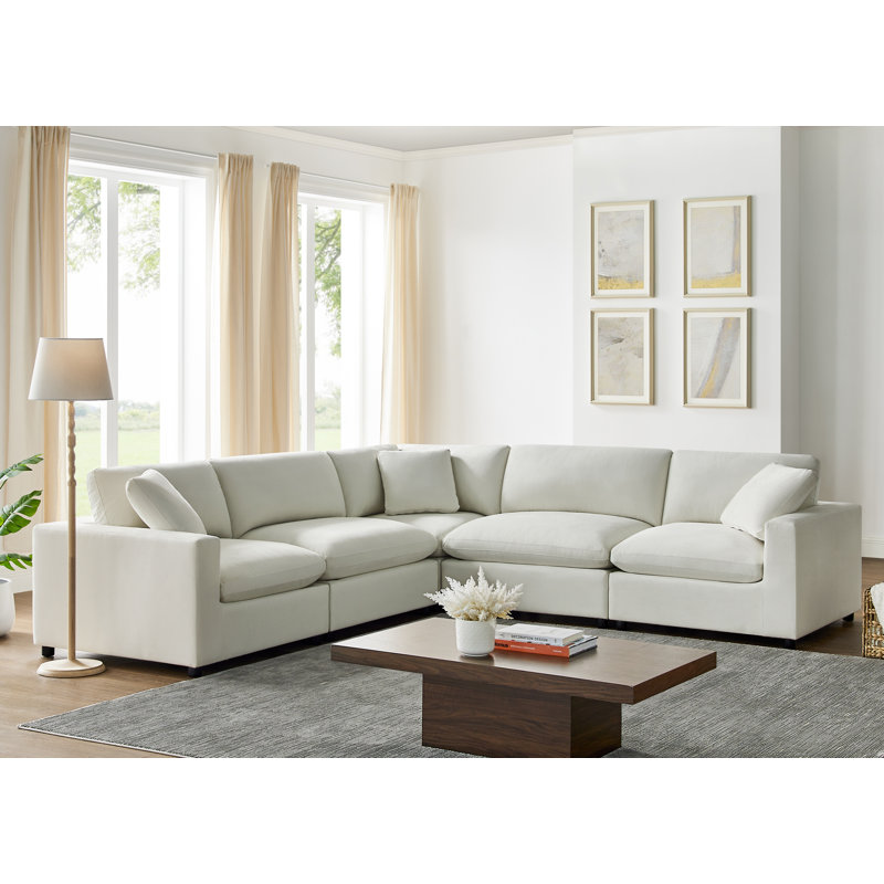 Canapé modulaire 5 pièces Vinessa, Polyester ivoire performance