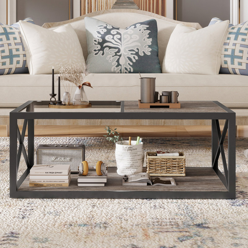 Table basse en verre trempé avec tablette de plancher, Bois