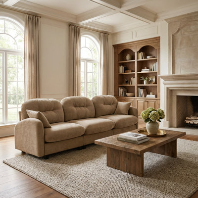 Canapé de réception 107 po 3 places en chenille douce avec dossier capitonné, coussins ergonomiques et base en bois, brun clair