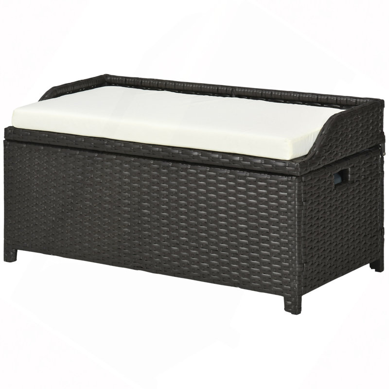 Banc de rangement extérieur / patio en osier, bac de rangement en PE pour meubles de patio en rotin avec sac imperméable intérieur et coussin confortable