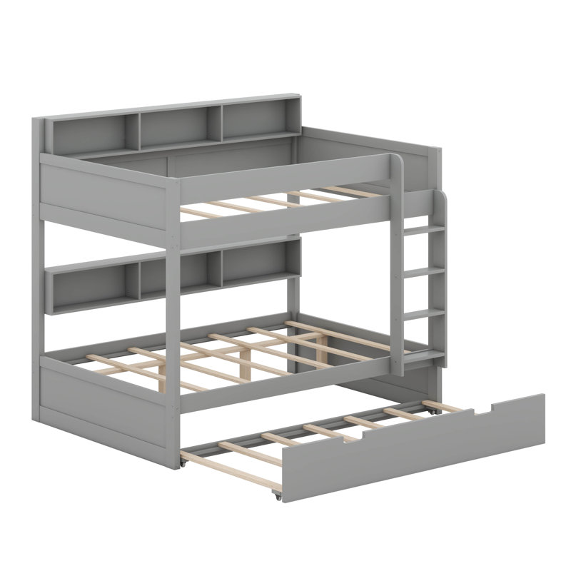 Bunk Bed Frame With Trundle And Storage Shelves, Solid Wood Floor Bunk Bed With Ladders And Guardrails, Gray