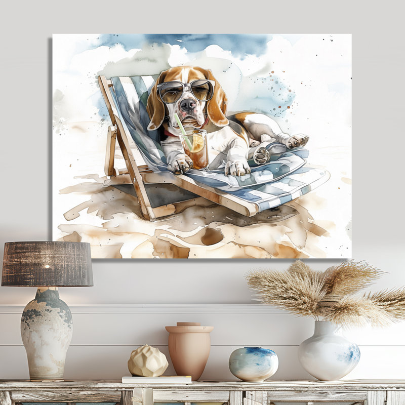 Beagle avec lunettes de soleil sur une chaise de plage, Toile tendue, H 16 po x l 32 po x P 1 po