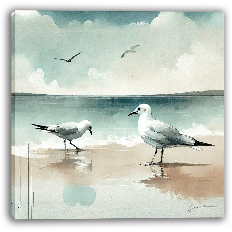 «Tranquil Shoreline - Seagulls in Harmony», reproduction d'art sur toile, H 12 po x l 12 po x P 1 po
