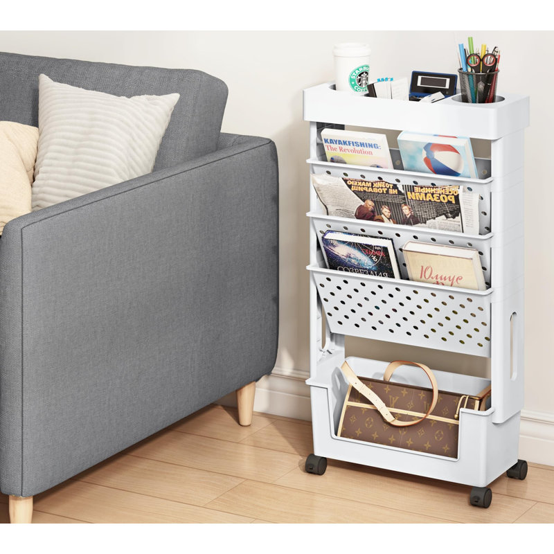 5-Tier Mobile Bookshelf, Rolling Bookcase Book Storage Rack, Movable File Folder Organizer Cart With Wheels For Home Study Office Living Room Classroom, (White)