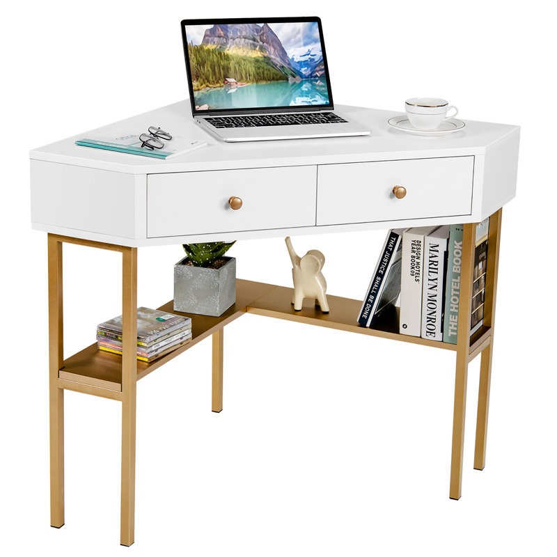 Corner Computer Desk, White/Brown/Oak