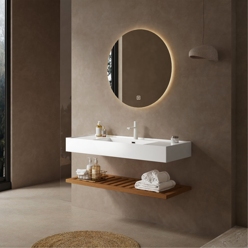 Meuble-lavabo 48 po avec lavabo vasque, lavabo intégré mural rectangulaire en acrylique blanc flottant sans robinet, étagère rayée