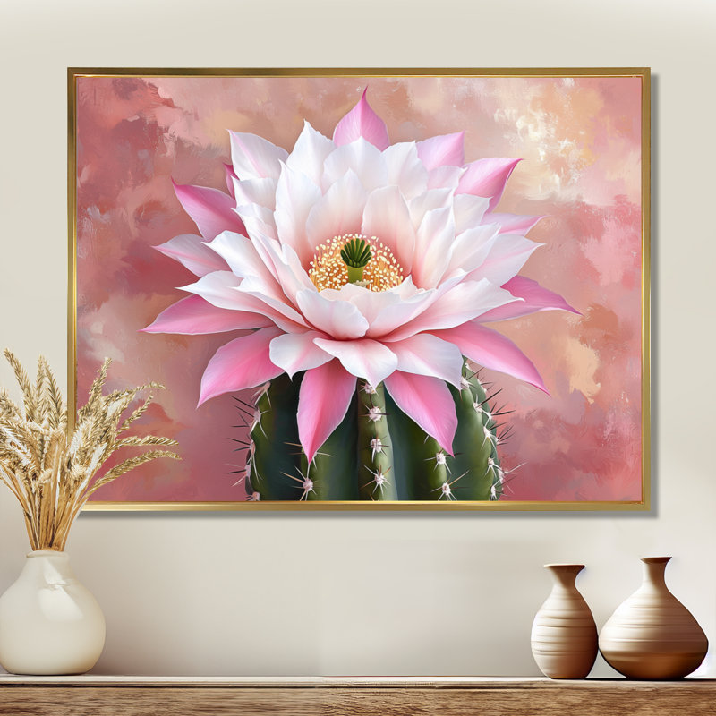 Reproduction d'art sur toile cactus rose II, H 34 po x l 44 po, Impression dans un cadre flottant sans passe-parto, Doré