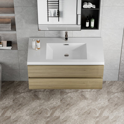 Meuble-lavabo 42 po avec lavabo en résine, bois de chêne naturel et tiroir à fermeture en douceur