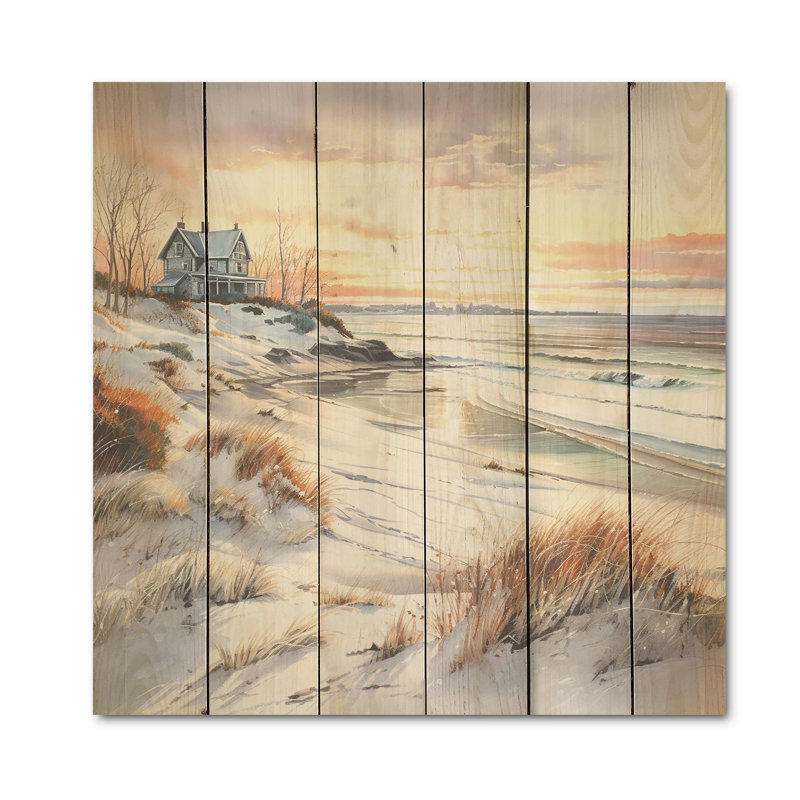 «Beach Sunset Charm In Winter I - Coastal Sunset», art mural sur bois de pin naturel, H 15 po x l 15 po