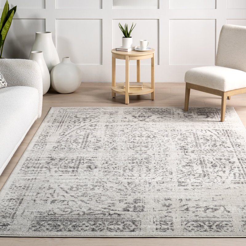 Tapis traditionnel rétro gris à motif de médaillon Etasha, Rectangle 7 pi 6 po x 9 pi 6 po
