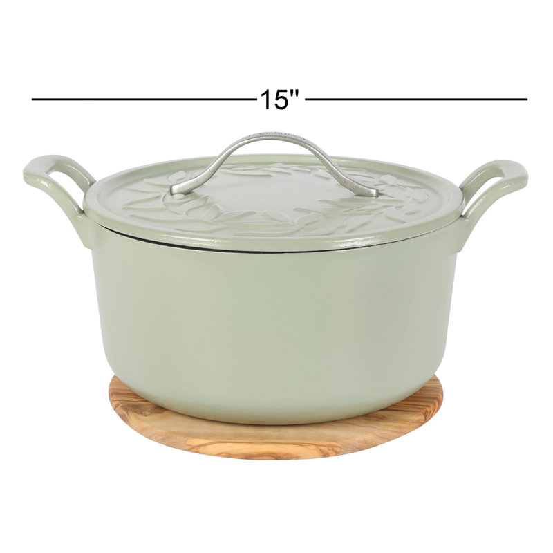 Bloomhouse 7 Qt Cast Iron Dutch Oven w/ Lid, European Enamel, & Walnut Wood Trivet - Oat White, Green