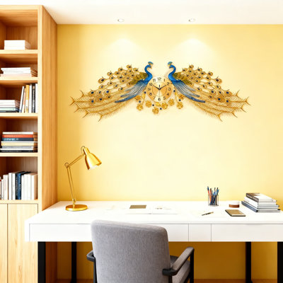 Grande horloge murale en forme de paon, horloge de paon en métal créative silencieuse et non tic-tac, convient pour le salon, la salle à manger et la décoration de chambre à coucher 64,5 pouces