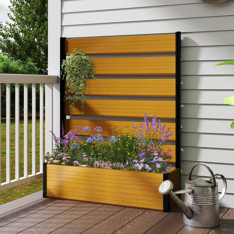 Planter Box With Trellis, Vertical Garden Bed With Aluminum Frame & Composite Wood Panel（No bottom panel）, Yellow Teak