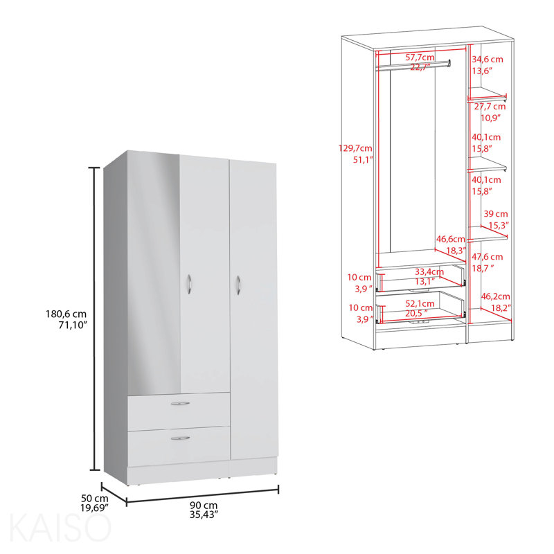 Armoire à miroir 3 portes avec deux tiroirs, quatre tablettes et tringle blanche