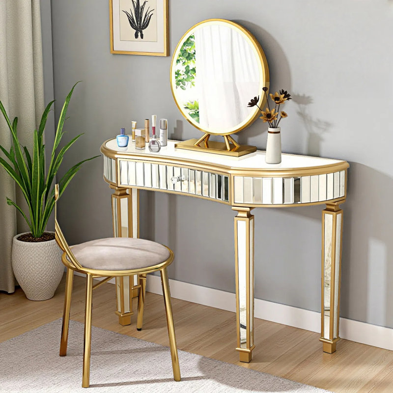 47" Half-Moon Mirrored Vanity Desk With Fluted Glass & Crystal Knob Drawer - Silver Entryway Vanity Desk, Golden/Silver