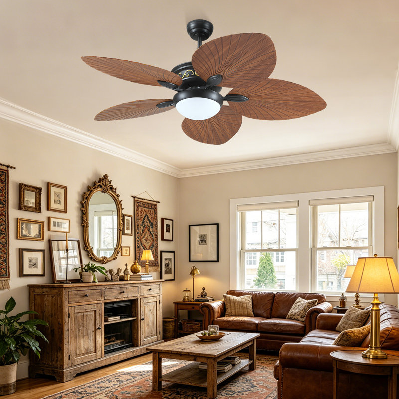 Ventilateur de plafond à 5 pales 52 pouces avec lumière et télécommande, moteur DC à 6 vitesses Tropical, Marron foncé