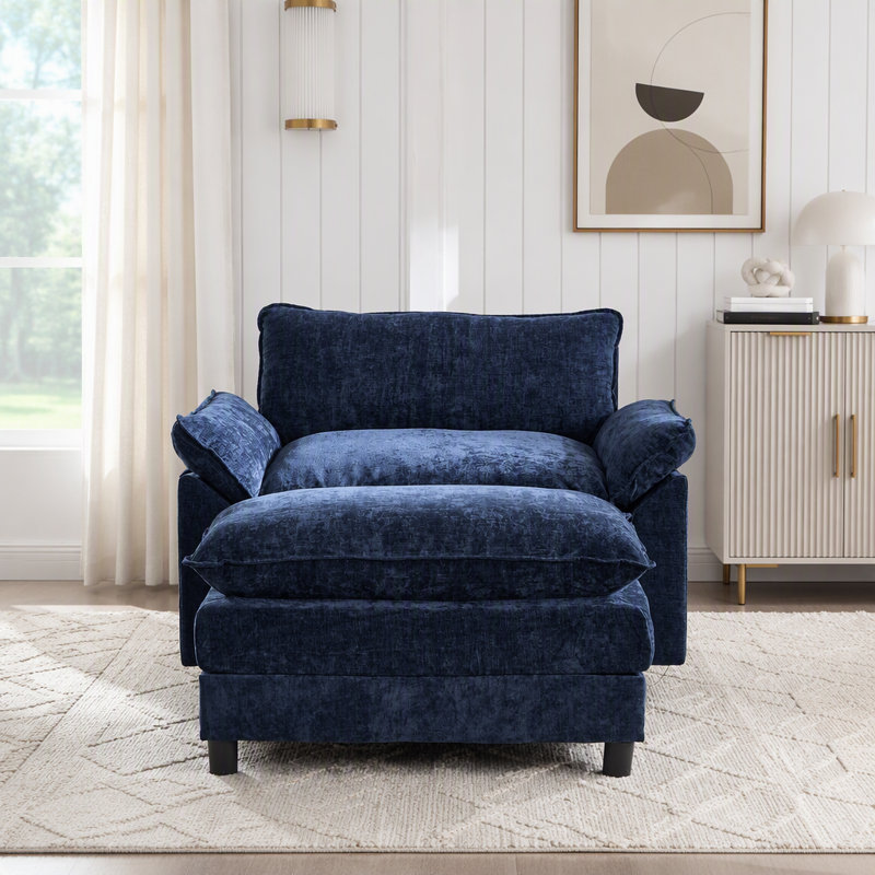 Chaise d'appoint moderne avec repose-pieds, revêtement en chenille moelleuse et structure en bois massif, Tissu bleu, Oui