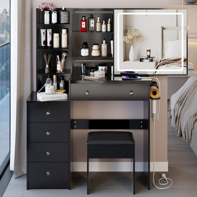 37" Middle Size Left Bedside Cabinet Vanity Table + Cushioned Stool Dresser Set, 2 Ac+2 Usb Socket, Hair Dryer Stand, Large Touch Control Led Sliding Mirror, 3-Color Switch, Epa, Gcc, Ul Certificate