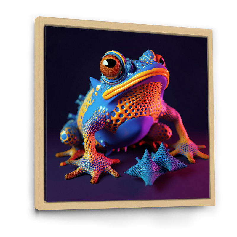 3D Neon Frog I - reproduction sur toile, Cadre naturel flottant, H 24 po x l 24 po x P 1 po