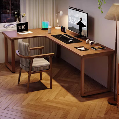 Bureau en coin en bois de noyer massif en forme de L avec pieds carrés 