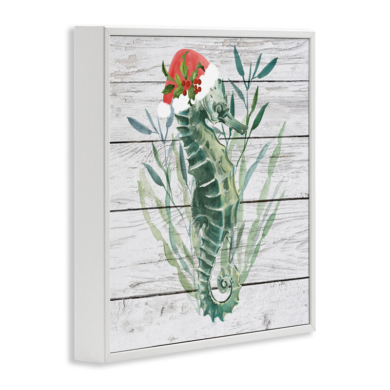 Chapeau de père Noël hippocampe nautique, H 12 po x l 12 po, Giclée encadrée blanc bord de mer