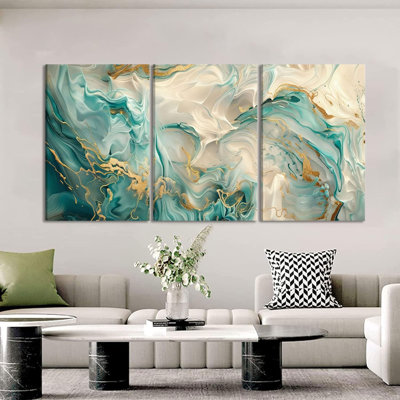 3Pcs Framed Teal White Marble Canvas Wall Art Abstract Marble Gold Foil Wall Decor Picture Modern Abstract Postres Prints For Living Room Bedroom Bathroom Office Artwork Home Decoration Ready To Hang