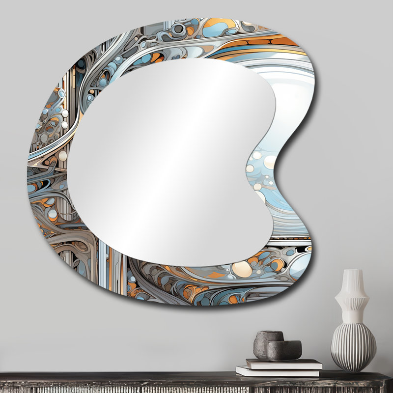 «Faiha Tender Light Blue Floral Whirling Vision», miroir asymétrique à spirales abstraites, miroir mural décoratif de forme irrégulière dorée, impression sur métal