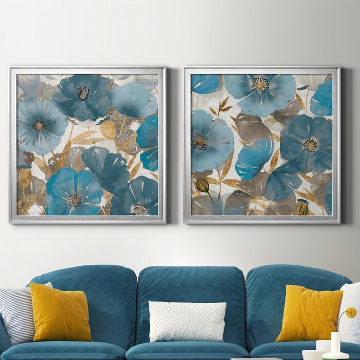 Red Barrel Studio® Blue And Gold Poppies I 2 Pieces Painting | Wayfair