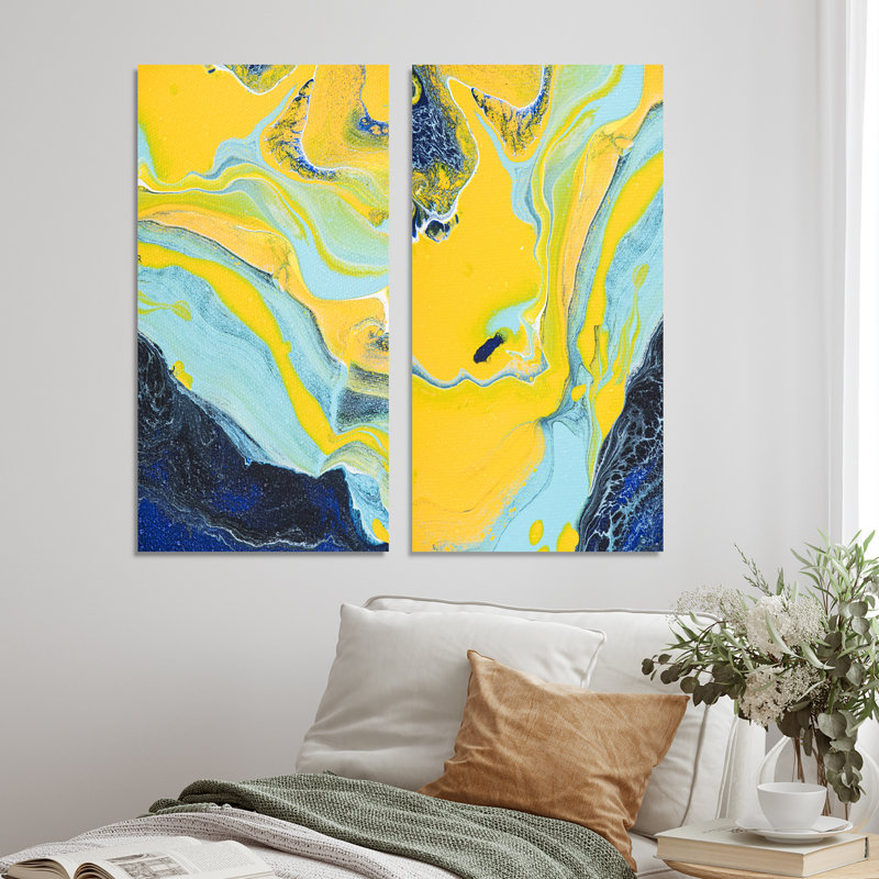 "Dark Blue and Yellow Marble Art III", ensemble de 2 peintures sur toiles, Toile tendue, H 20 po x l 24 po x P 1 po