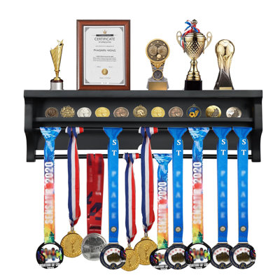 Solid Wood Medal Hanger Display Shelf, Wall Mount Medal Rack Display Holder for Runners, Marathon, Race Winner, Soccer, Football, Gymnastics & All Sports - Black