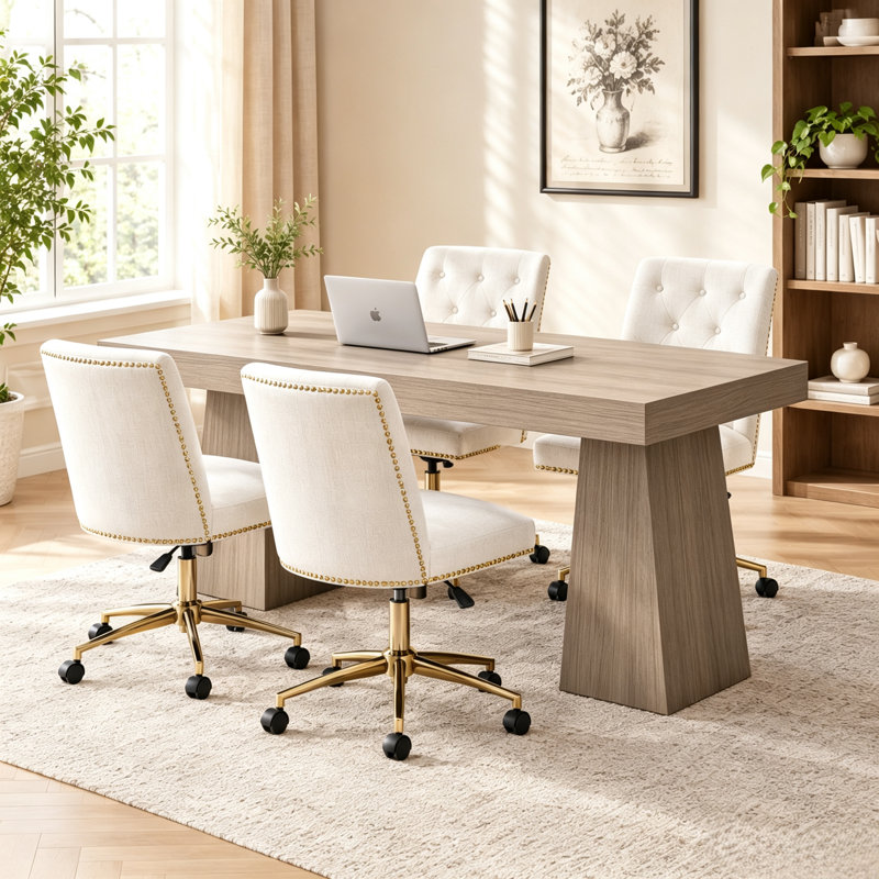 Ensemble de bureau de direction moderne avec 4 chaises de bureau pivotantes rembourrées, 5 pièces: bureau, 4 chaises, Beige