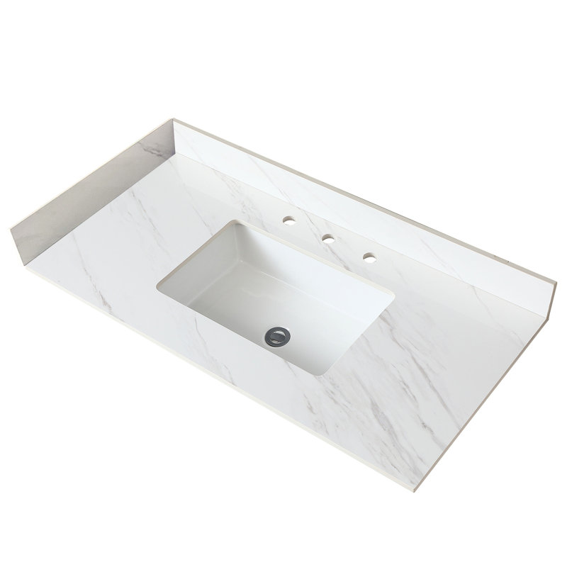 Comptoir de meuble-lavabo 37 po - Pierre frittée à motif blanc, dosseret de 4 po, lavabo rectangulaire, trou de robinet pré-percé, surface de surface en pierre de style intemporel avec mise à niveau élégante
