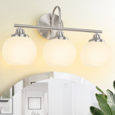 3 Light Dimmable Bathroom Vanity Light  Brushed Nickel With White Globe Shade