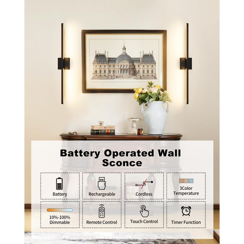 Applique murale noire à pile avec télécommande | Ensemble de deux appliques murales rechargeables sans fil 3000/4500 / 6000K à intensité variable 8000Mah avec minuterie