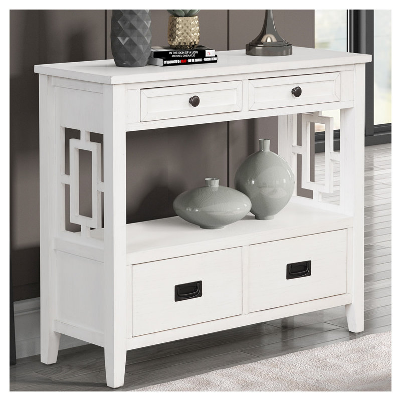 Console en bois de pin 36 po avec 4 tiroirs et tablette de rangement - Canapé d'entrée blanc antique pour le salon, le couloir et la chambre à coucher