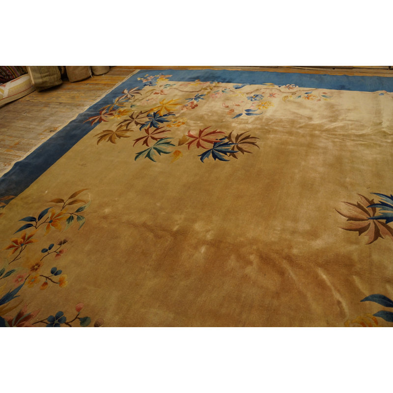 Antique Art Deco Chinese Floral Blue Navy, Ivory Beige Cream White 1930s Rug