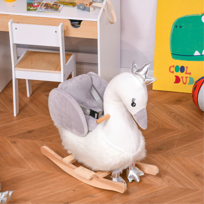 Cheval à bascule QABA, balançoire pour enfants avec son cygne, siège moelleux, base en bois, ceinture de sécurité, pour tout-petits de 18 à 36 mois, blanc （Il est conçu pour un seul cavalier.）
