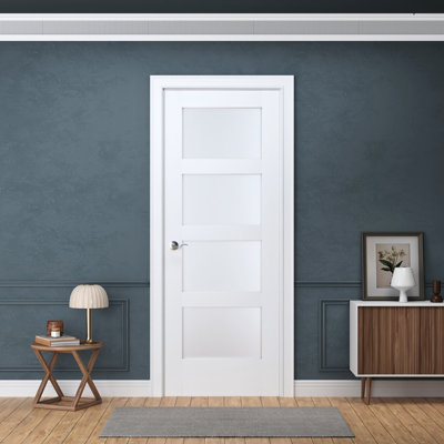 30-in x 80-in Truly Prehung Interior Door 4-Lite Frosted Glass Solid Core Left Hand White Primed Paint Ready Fully Assembled with Jambs and Black Hinges for Bedroom Closet Pantry Home Office and Other Interior Spaces