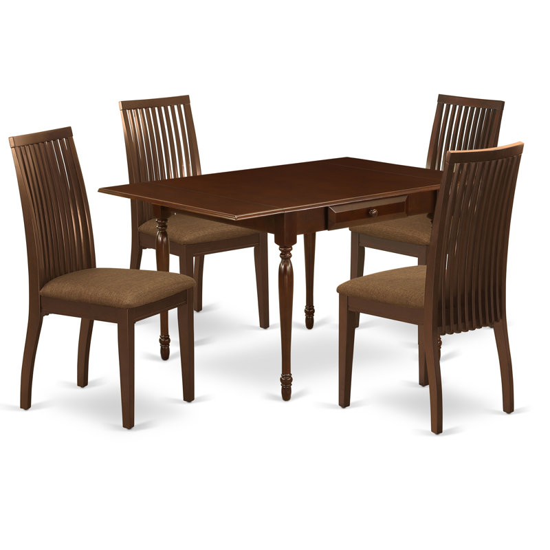 L'ensemble 5 pièces de table et chaises de cuisine comprend une table de salle à manger rectangulaire avec Dropleaf et 4 chaises de salle à manger en tissu de lin, acajou