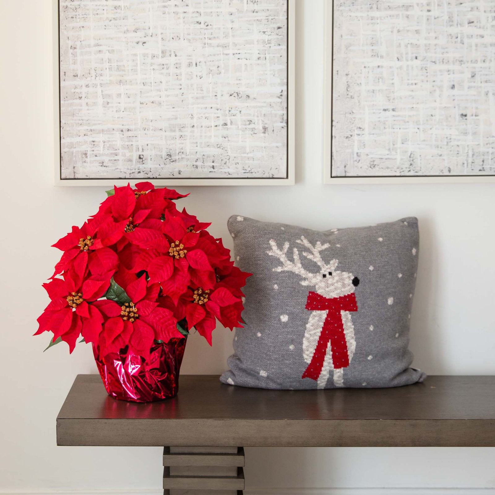 19in. Artificial Lush Poinsettia Arrangement in Red Wrapped Planter