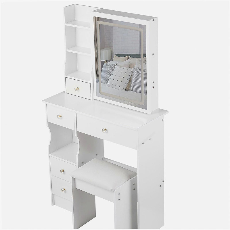 29.2" Small Size Left Drawer Desktop Vanity Table + Cushioned Stool, Large Sliding, Touch Control, Tri-color Switching, Brightness Adjust LED Mirror, High Capacity Storage, Suitable for Small Space