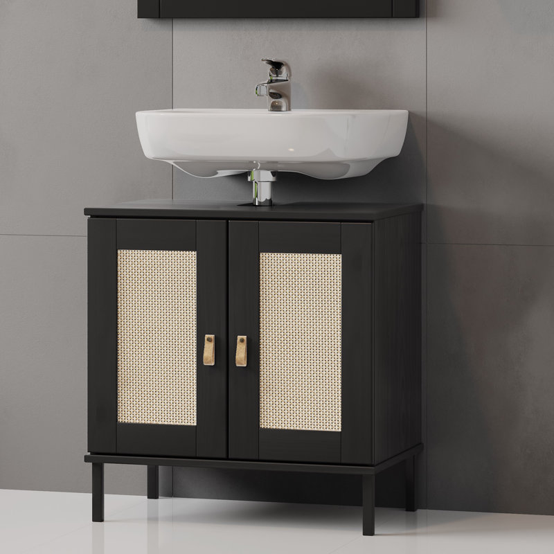 Vanity unit 62 cm Havant solid pine lacquered bathroom cabinet, Black