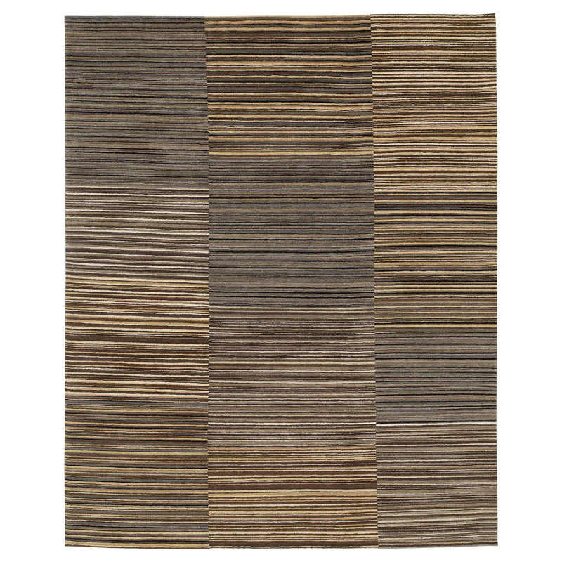 Spectrum Striped Hand-Knotted Wool Brown/Gray Area Rug, Rectangle 8' x 10', Brown/Gray
