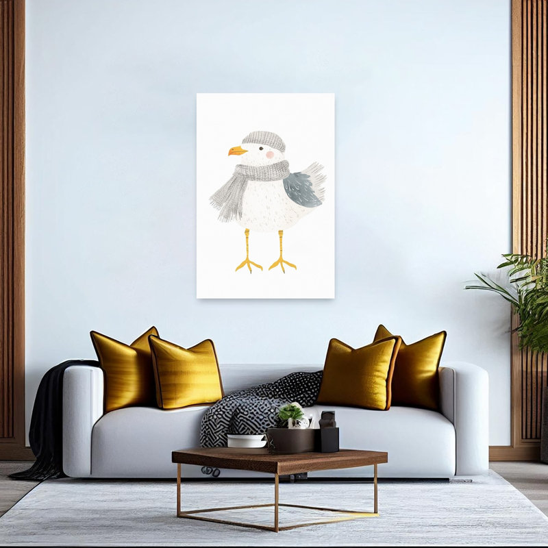 Cozy Seagull Friend Whimsical Contemporary Seagull Bird Winter Wall Art Print 1 Piece Wrapped Canvas Wall Art
