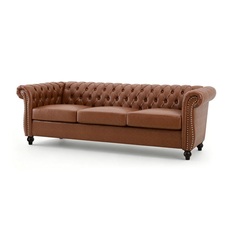 Canapé Chesterfield 3 places Camberley, Cuir polyuréthane brun