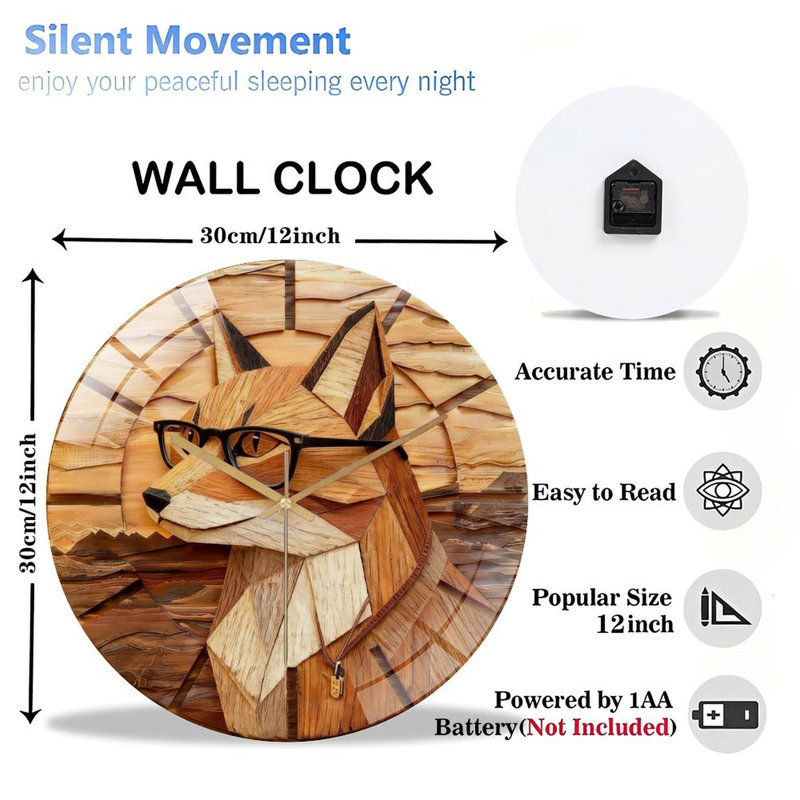 Horloge murale 12 po ronde en verre trempé avec mouvement à quartz silencieux, Fox