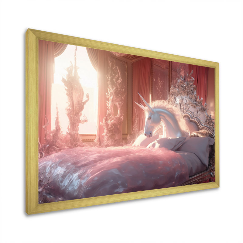 Lit de licorne gracieux sur toile, H 34 po x l 44 po x P 1,5 po, Cadre doré à une seule photo