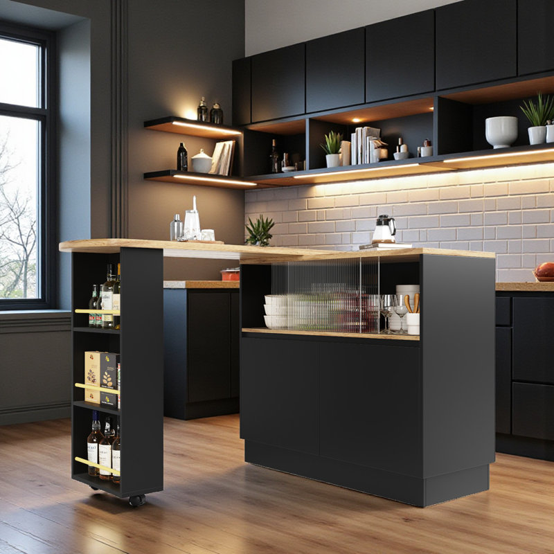 120cm 360° Rotation Bar Table With Doors And Shelves Multifunctional Sideboard With Open Shelves Storage Space, Black