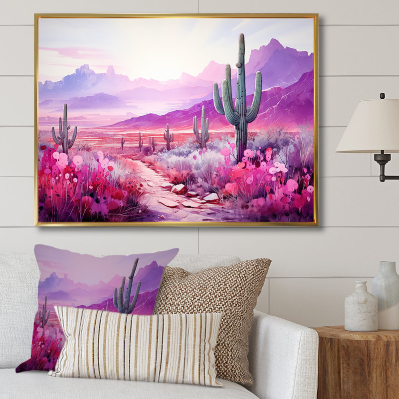 Cactus magenta mirage sur toile, H 16 po x l 32 po x P 1 po, Cadre flottant doré